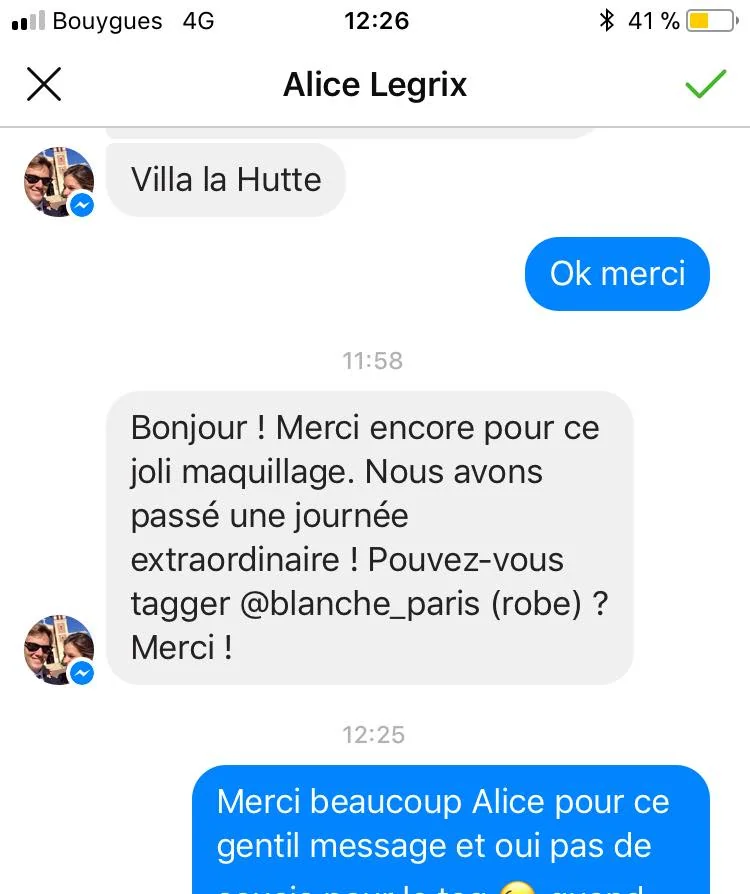 Message d’Alice Legrix : Bonjour ! Merci encore pour ce joli maquillage. Nous avons passé une journée extraordinaire ! Pouvez-vous tagger @blanche_paris (robe) ? Merci !